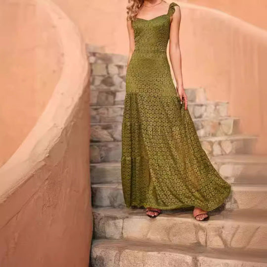 Damen Maxikleid mit exquisite Häkelstruktur und fließendem Rock