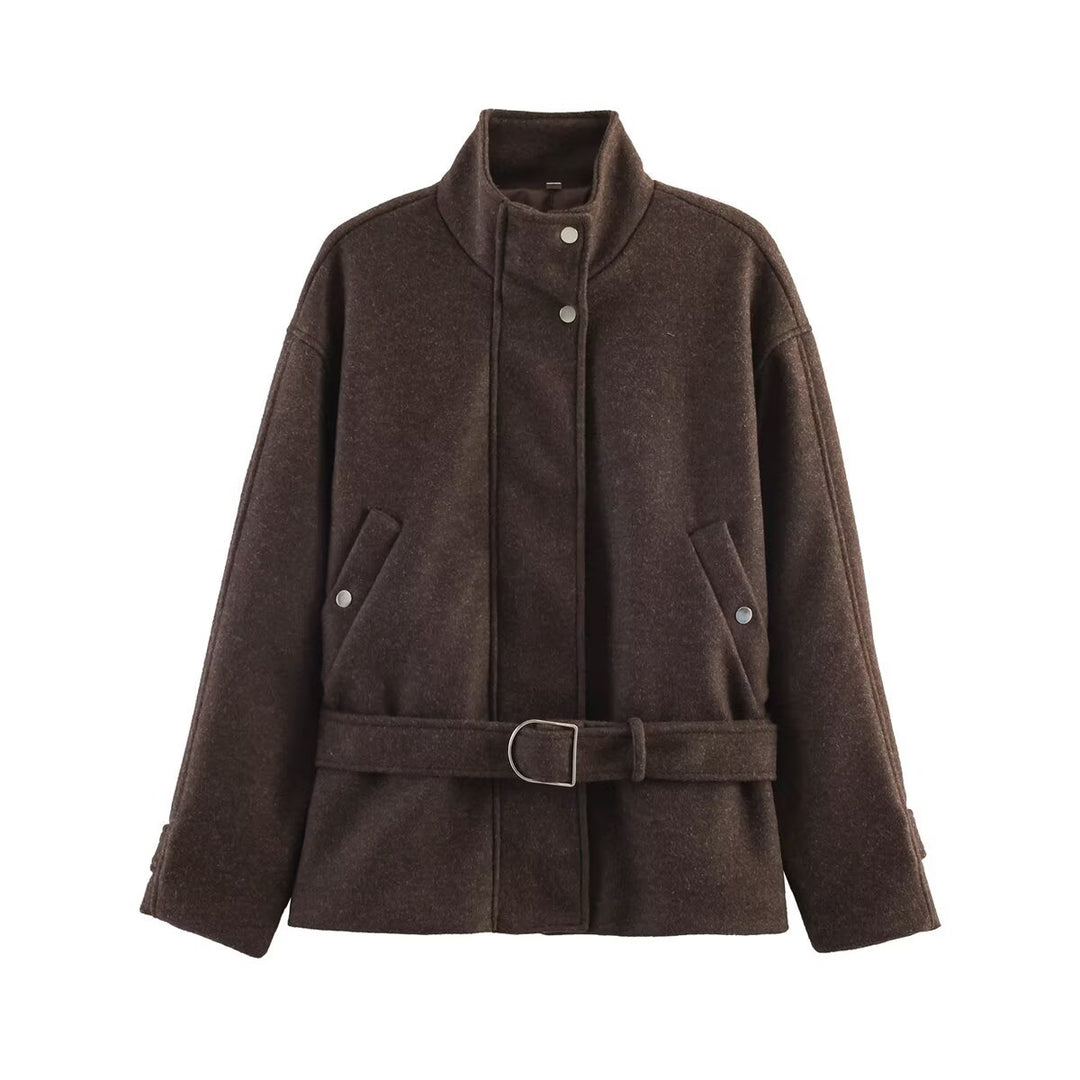 Damen Gekürzte Wollmix-Jacke mit Stehkragen, Taillengürtel und Druckknopfverschluss Nord Taschen