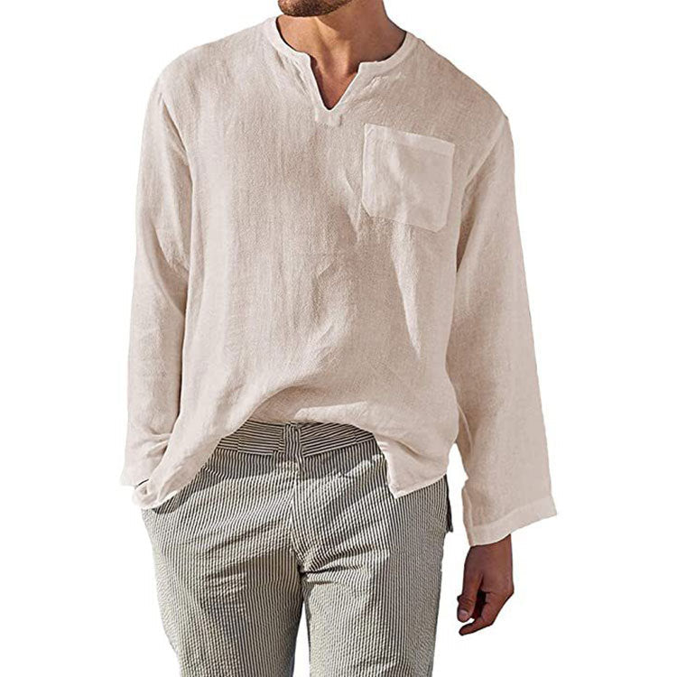 Herren Leinen Langarmshirt mit Henley-Ausschnitt und Brusttasche