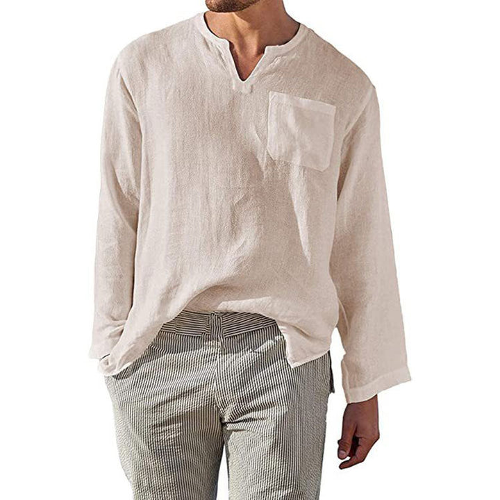 Herren Leinen Langarmshirt mit Henley-Ausschnitt und Brusttasche