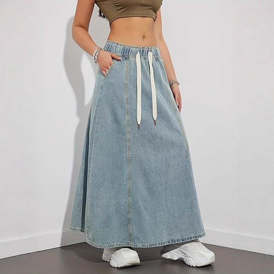 Damen Langer A-Linien Jeansrock mit elastischem Bund und Kordel Nord Taschen