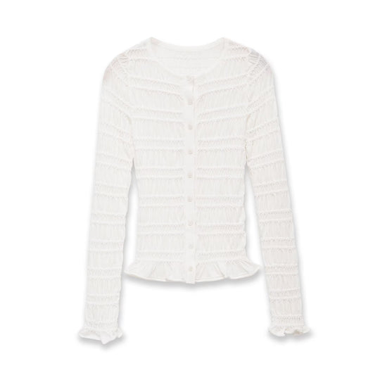 Damen Gesmoktes Feinstrick-Cardigan mit Rüschenabschluss und Knopfleiste Nord Taschen