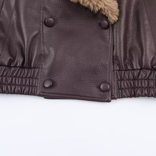 Damen Lederimitat Bomberjacke mit großem Kunstpelzkragen Nord Taschen