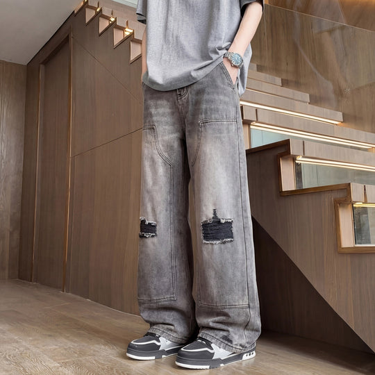 Herren Weite Baggy-Jeans mit Used‑Wash, Knie‑Rips & Utility‑Nähten Nord Taschen
