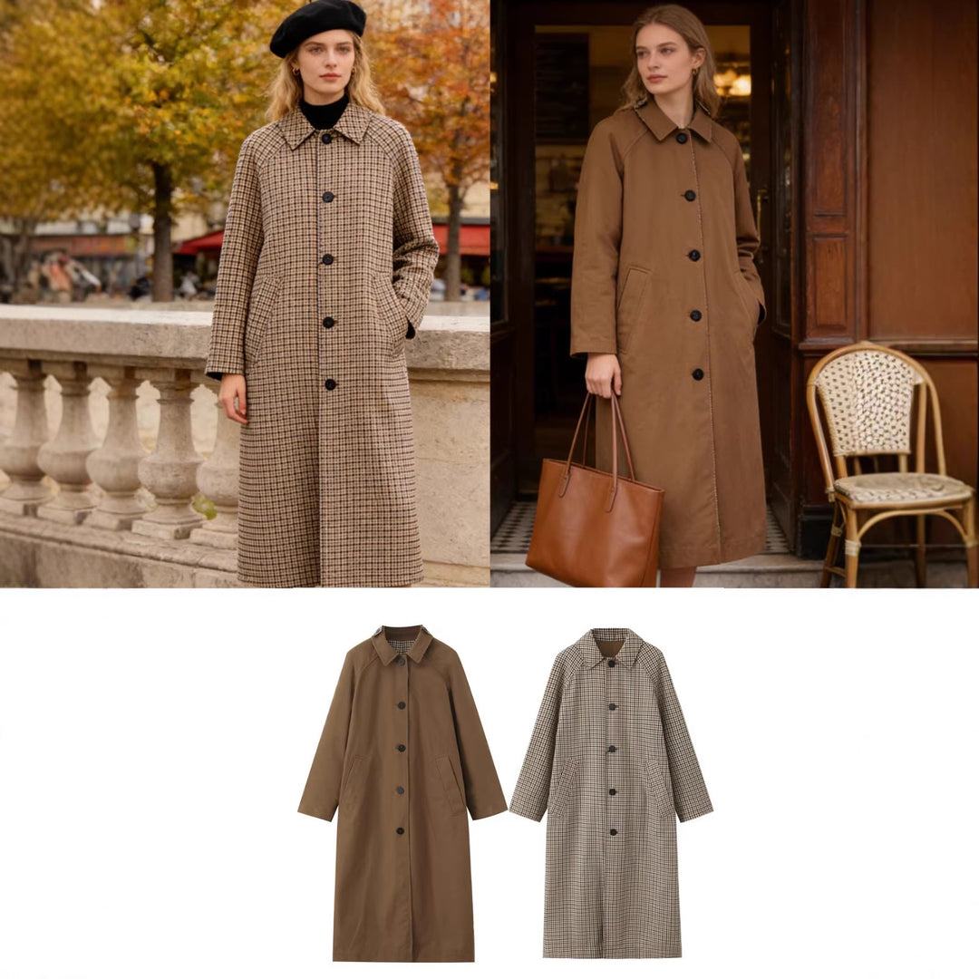 Damen langer minimalistischer Trenchcoat mit kariertem Innenfutter Nord Taschen
