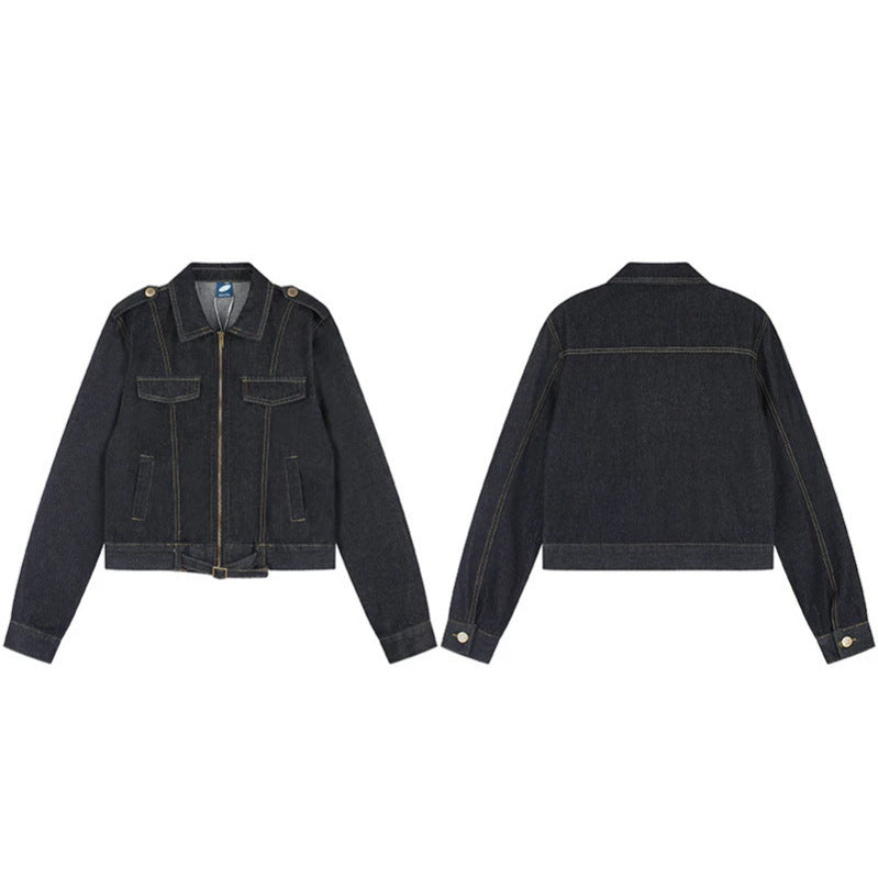 Damen Kurz geschnittene Jeansjacke mit Schulterklappen, Reißverschluss und Taillengürtel Nord Taschen