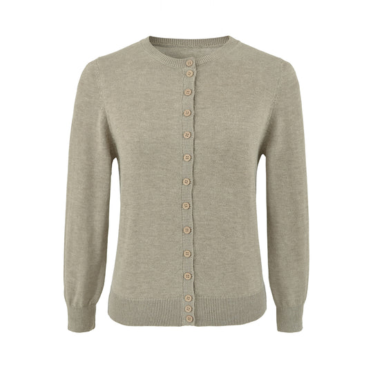 Damen Fein gestrickte Rundhals-Strickjacke mit Knopfleiste und Rippbündchen Nord Taschen