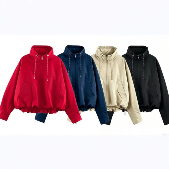 Damen Oversize Cropped Kapuzenjacke mit durchgehendem Reißverschluss, Kordelzug und gerafftem Saum Nord Taschen
