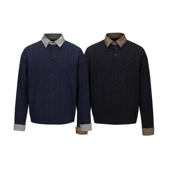 Herren Strukturiertes Zopfmuster-Henley-Strickshirt mit Kontrast-Hemdkragen und Umschlagmanschetten Nord Taschen