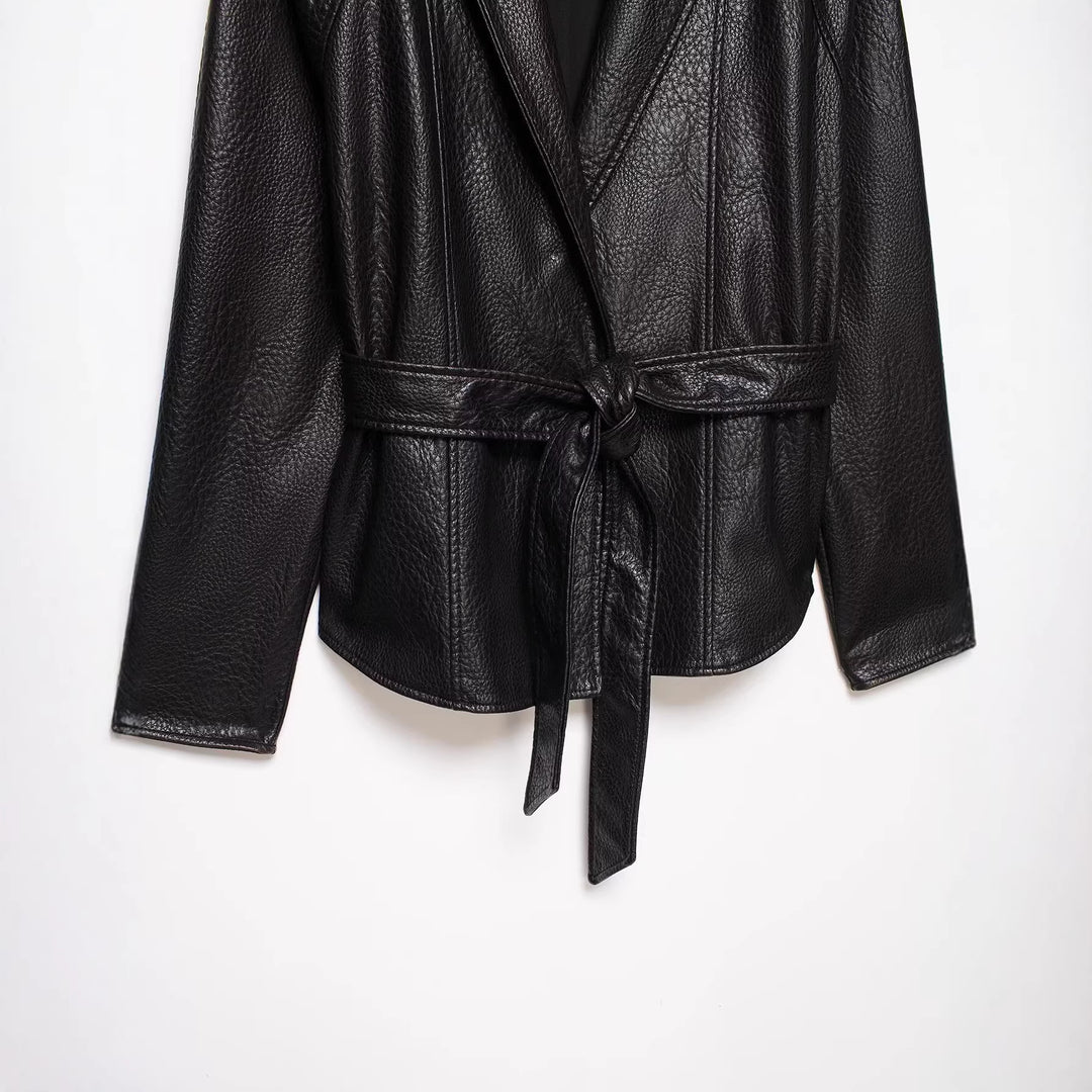Damen Lederjacke in Lederoptik mit Bindegürtel und Schalkragen Nord Taschen