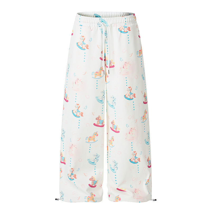 Damen Weite Palazzo-Loungehose mit Komfortbund, Kordelzug und verspieltem Schaukelpferd-Print Nord Taschen