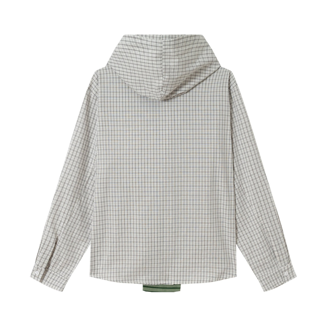 Damen Oversize Hemdjacke mit Kapuze, angenähtem Strickschal und Brustpatch Nord Taschen