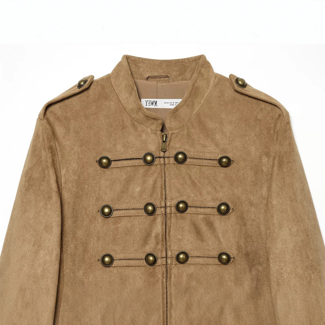 Damen Kurzblouson im Militärstil aus Velourslederoptik mit Reihen-Messingknöpfen Nord Taschen