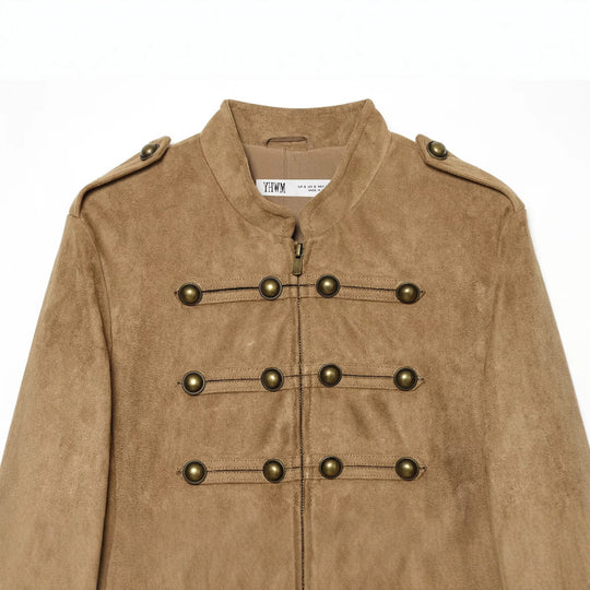 Damen Kurzblouson im Militärstil aus Velourslederoptik mit Reihen-Messingknöpfen Nord Taschen
