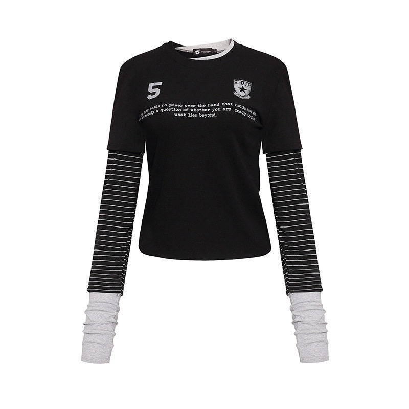 Damen Lagenlook-Langarmshirt mit gestreiften Einsatzärmeln und Badge Nord Taschen