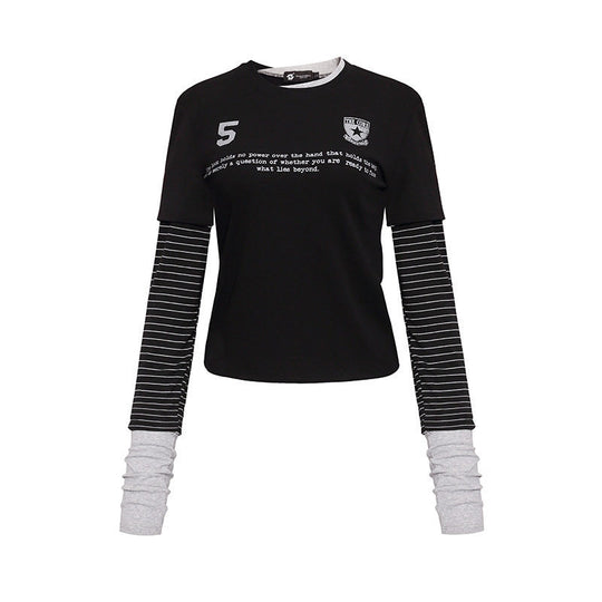 Damen Lagenlook-Langarmshirt mit gestreiften Einsatzärmeln und Badge Nord Taschen