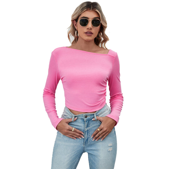 Damen figurbetontes geripptes Langarm-Cropped-Top mit asymmetrischer Schulterlinie und taillierter Stretch-Passform Nord Taschen