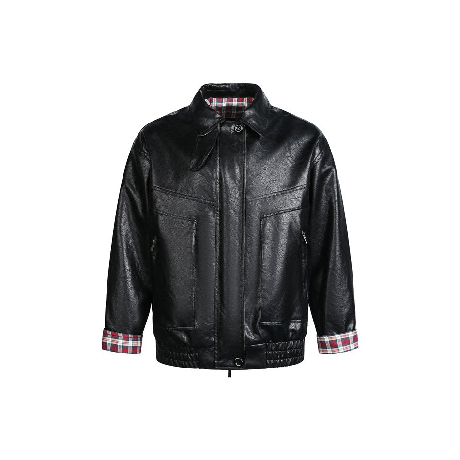 Herren Kurzer Kunstleder‑Blousonjacke im Pilotenstil mit kariertem Futter Nord Taschen