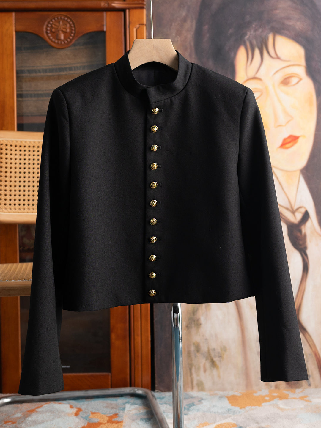Damen Modische Jacke mit Stehkragen und goldenen Knöpfen Nord Taschen