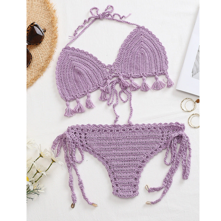 Damen Häkel-Bikini-Set mit fransigen Akzenten und verstellbaren Trägern