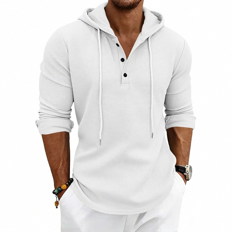 Herren Texturiertes Kapuzen-Langarmshirt mit Knopfleiste und Waffelstruktur Nord Taschen