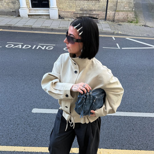 Damen Kurzgeschnittener Oversize-Canvas-Blouson mit Stehkragen Nord Taschen