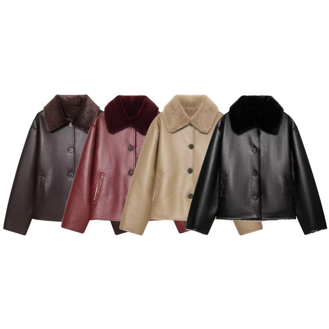 Damen Kurzjacke im Aviator-Style aus Kunstleder mit breitem Fellkragen Nord Taschen