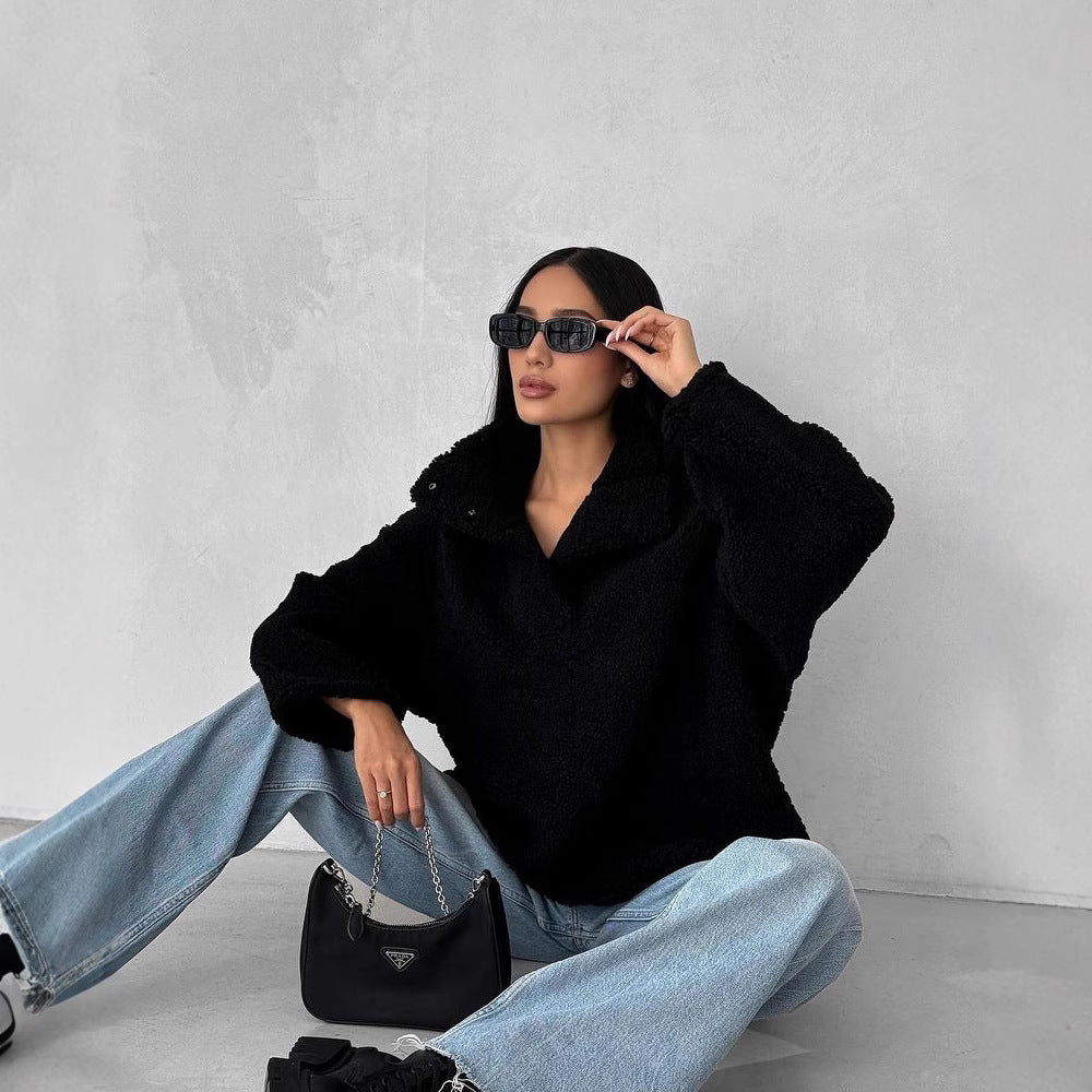 Damen Oversized Teddy-Pullover mit halber Druckknopfleiste und Stehkragen Nord Taschen