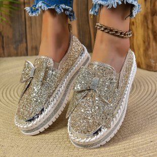 Damen Glitzer-Plateau-Slipper mit Schleifenapplikation und profilierter Komfortsohle Nord Taschen
