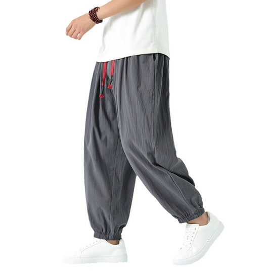 Herren locker geschnittene Leinen-Baumwoll Hose mit Kordelzug und elastischen Bündchen Nord Taschen