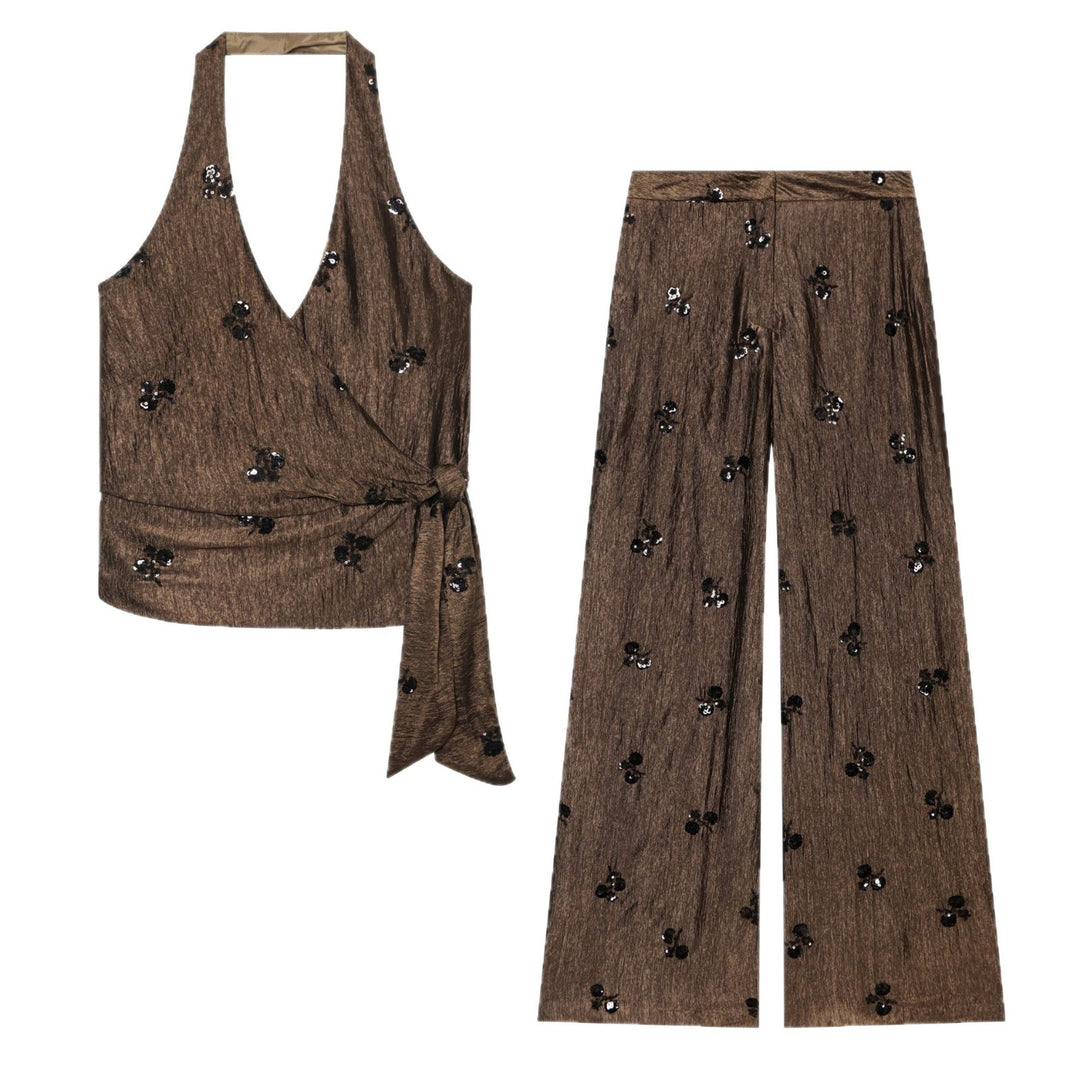 Damen Weite High‑Waist‑Hose mit Crinkle‑Effekt und Paillettenblüten Nord Taschen