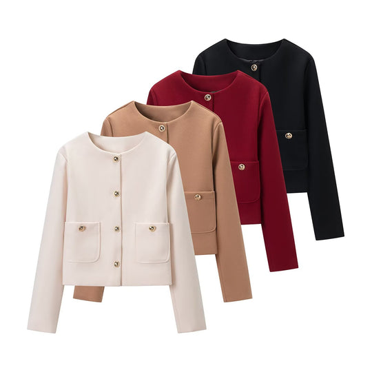 Damen Cropped Wollmix-Jacke mit Rundhalsausschnitt, aufgesetzten Taschen und goldfarbenen Zierknöpfen Nord Taschen