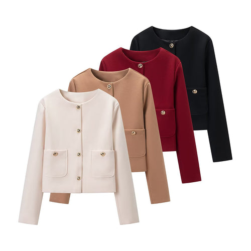 Damen Cropped Wollmix-Jacke mit Rundhalsausschnitt, aufgesetzten Taschen und goldfarbenen Zierknöpfen Nord Taschen