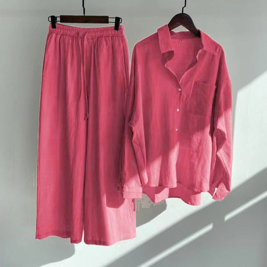 Damen Lockeres Zweiteiliges Viskose-Loungewear-Set mit Hemdbluse und weiter Palazzohose Nord Taschen