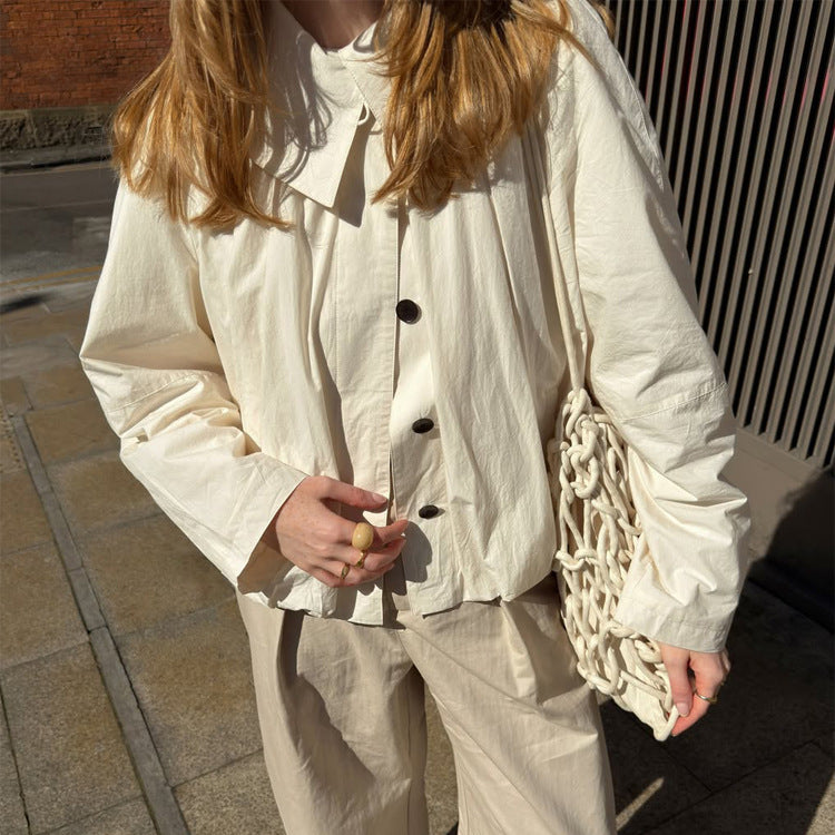 Damen Leichte Cropped‑Blusejacke mit kastiger Silhouette, übergroßem Hemdkragen und Ballonärmeln Nord Taschen