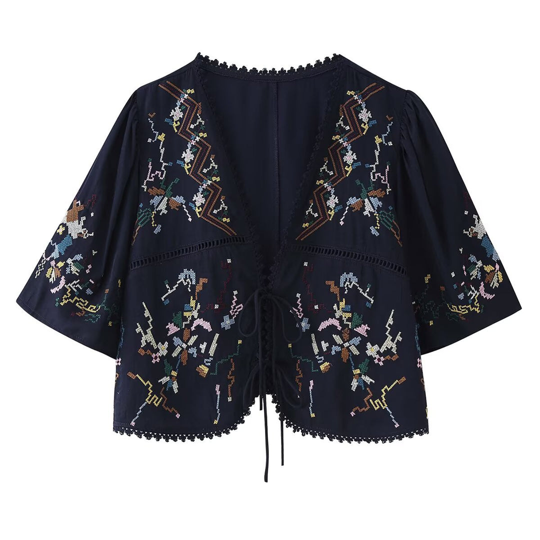 Damen Bestickte Boho-Kimono-Jacke mit Bindeband und Häkelbesatz Nord Taschen