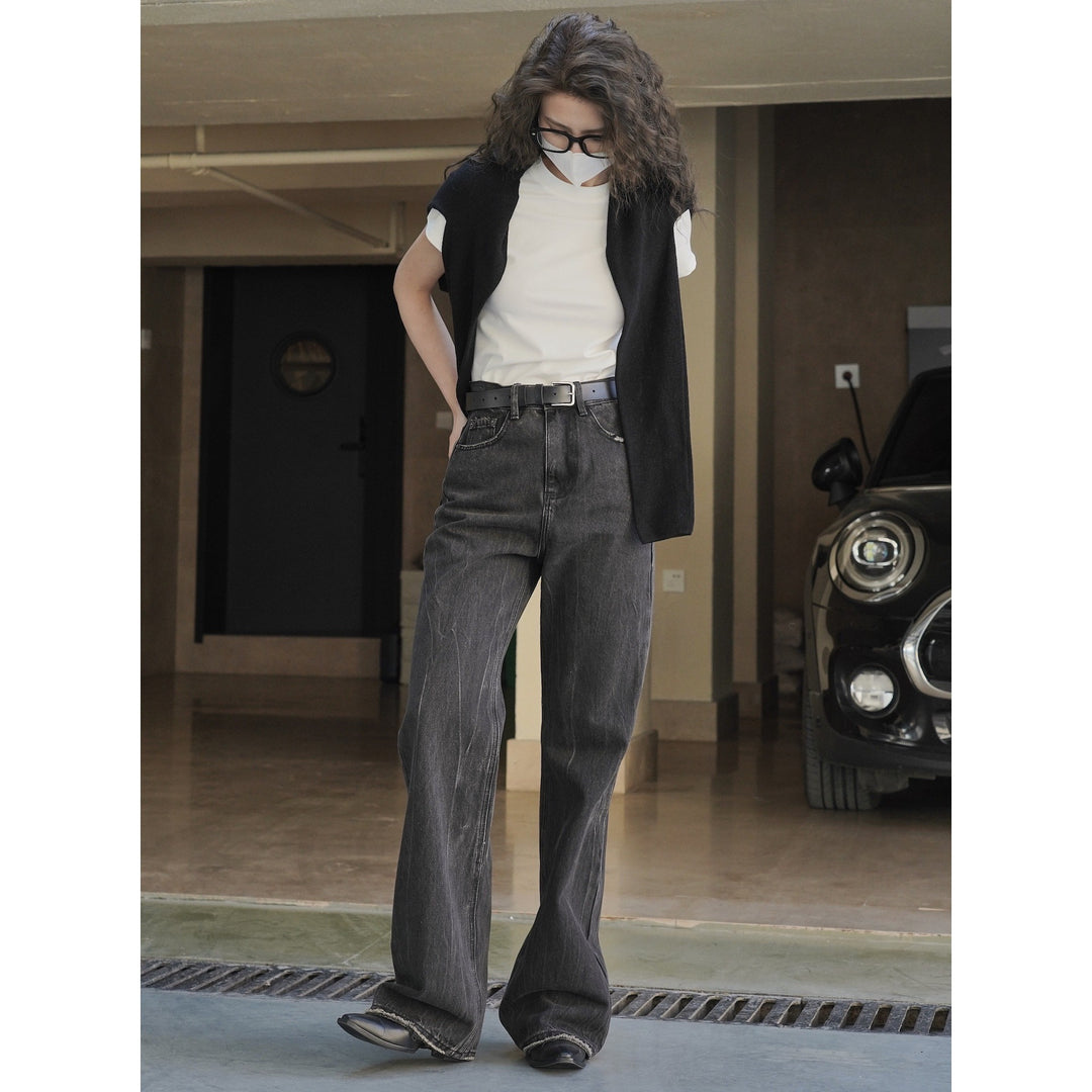Damen Weite High‑Waist-Jeans mit ausgestelltem Bein, rohem Saum und Vintage-Waschung Nord Taschen