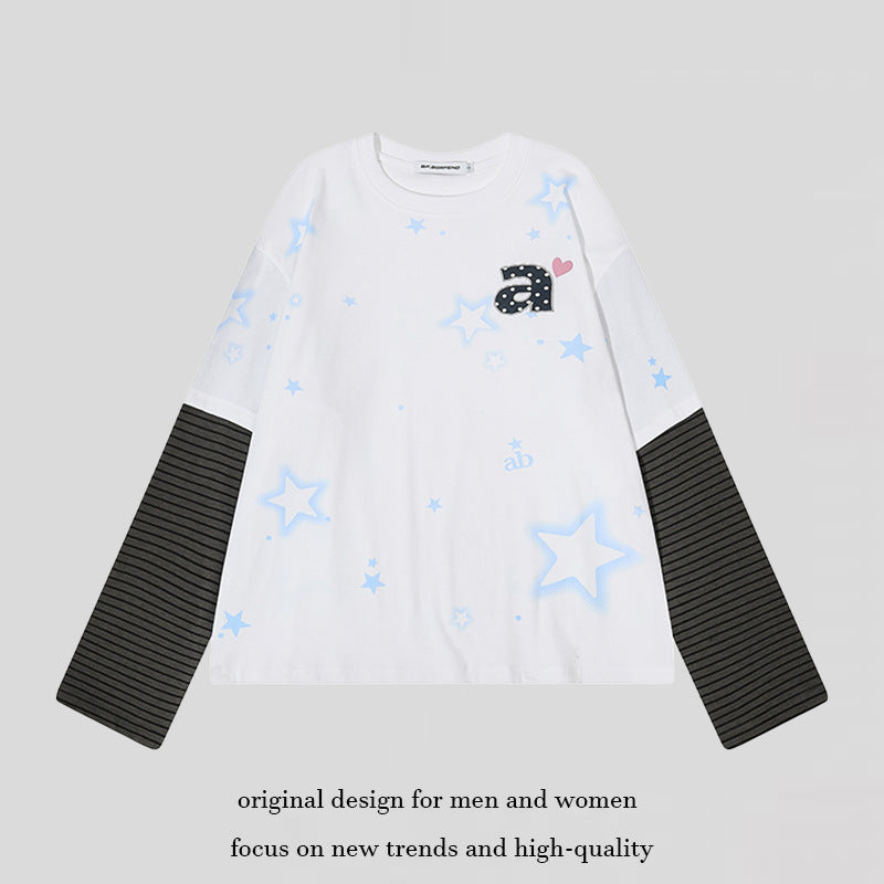 Damen Layered-Langarmshirt mit gestreiften Einsatzärmeln, Stern-Print und Applikation Nord Taschen
