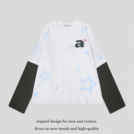 Damen Layered-Langarmshirt mit gestreiften Einsatzärmeln, Stern-Print und Applikation Nord Taschen