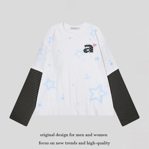 Damen Layered-Langarmshirt mit gestreiften Einsatzärmeln, Stern-Print und Applikation Nord Taschen
