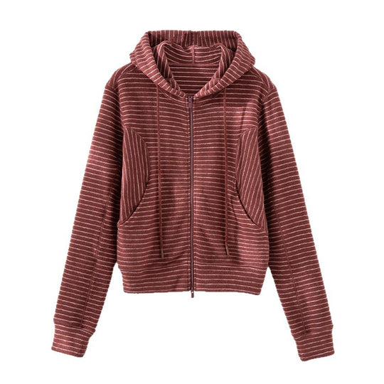 Damen Gestreifte Kapuzen-Zip-Strickjacke mit Eingrifftaschen und schmalem Rippbündchen Nord Taschen