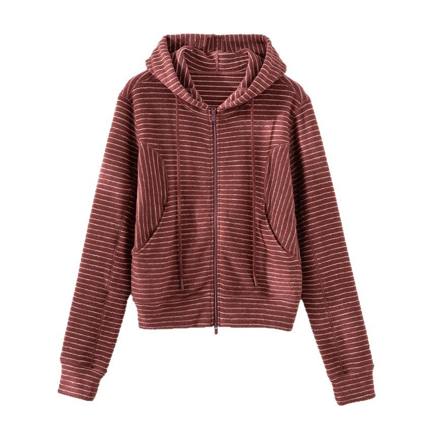 Damen Gestrickte Kapuzenjacke mit Reißverschluss und feinem Streifenmuster Nord Taschen
