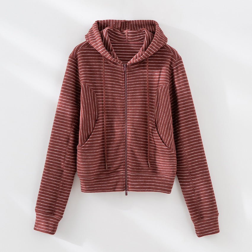 Damen Gestreifte Kapuzen-Zip-Strickjacke mit Eingrifftaschen und schmalem Rippbündchen Nord Taschen