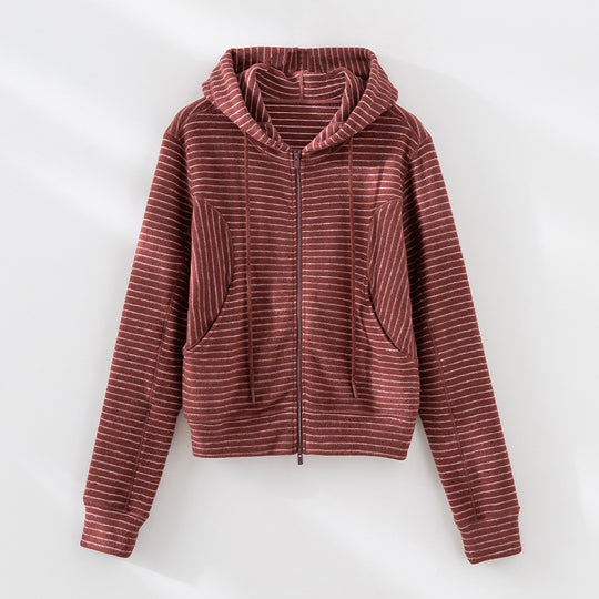 Damen Gestreifte Kapuzen-Zip-Strickjacke mit Eingrifftaschen und schmalem Rippbündchen Nord Taschen