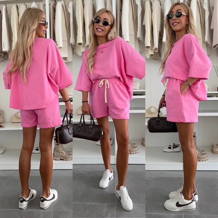 Damen lässiges Set aus Oversize-T-Shirt und Shorts mit verstellbarem Taillenzug