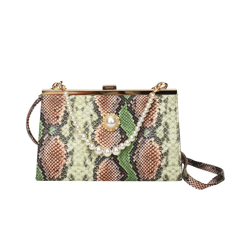 Damen elegante Abendtasche im Schlangenleder-Look mit Perlenakzent Nord Taschen
