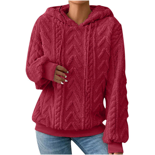 Damen Flauschiger Kapuzenpullover im Zopfmuster mit Oversize-Schnitt Nord Taschen