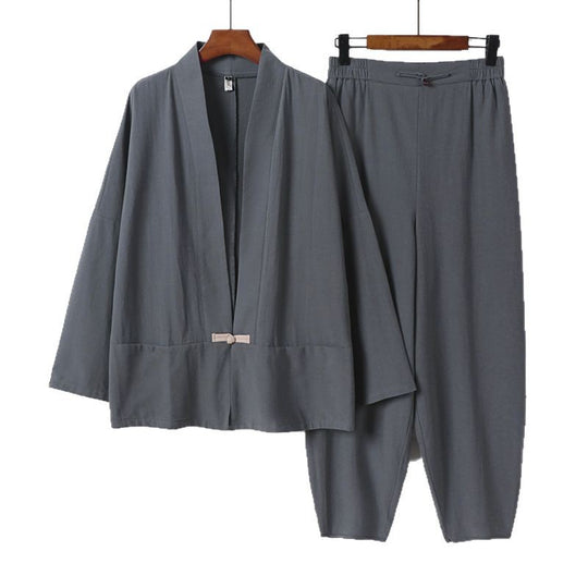 Herren Zen-Relax-Set mit offener Kimono-Jacke, dekorativem Knebelverschluss und tapered Harem-Joggpants Nord Taschen