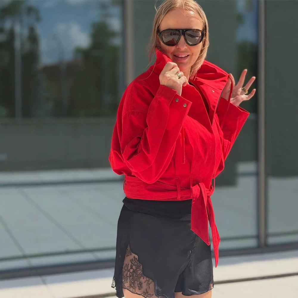 Damen Oversize Kurzjacke mit Taillengürtel und Hemdkragen Nord Taschen