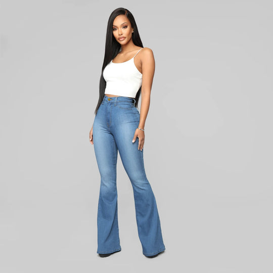 Damen Hochgeschnittene Flared-Jeans aus Stretch-Denim mit taillenformendem Schnitt Nord Taschen